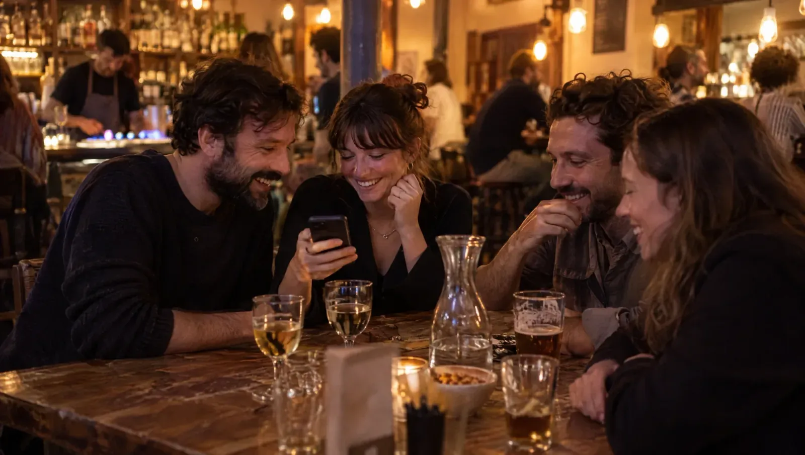 Quatre amis attablés dans un bar en soirée, réunis en riant autour d'un téléphone