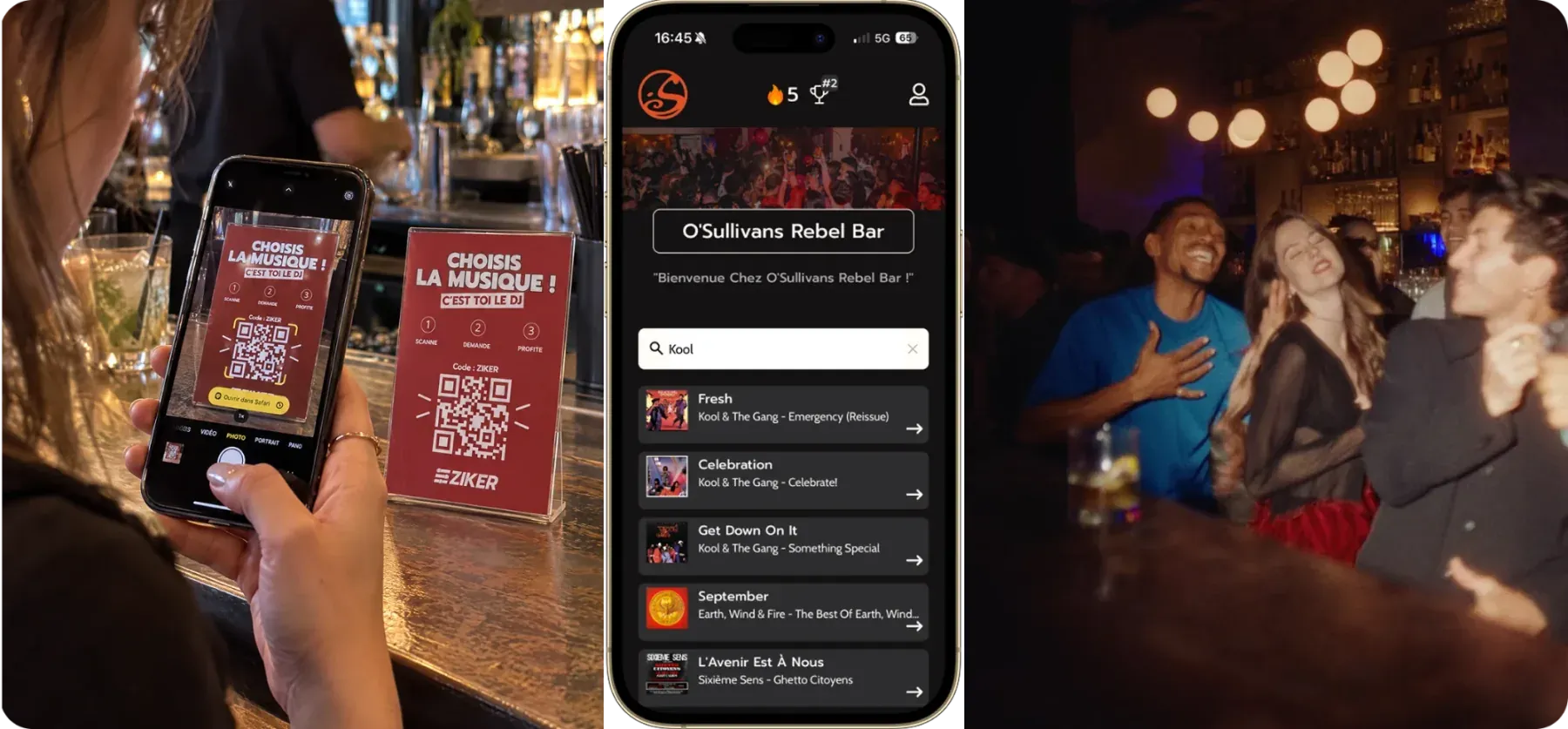 Les trois étapes de ZIKER dans un bar : scanner le QR code, demander un titre, profiter de la soirée